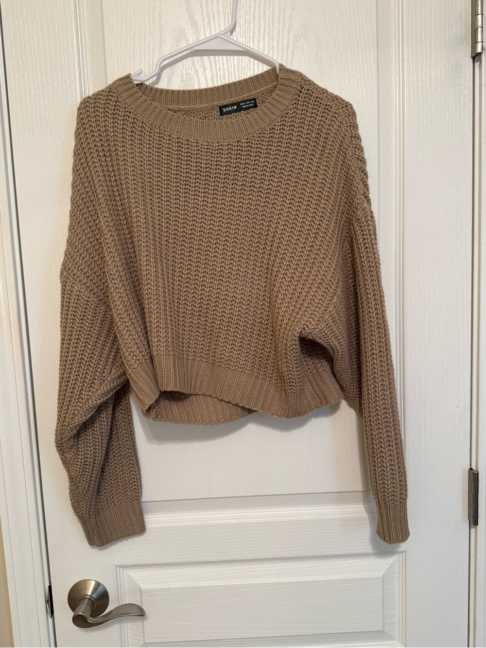 SHEIN Cropped Waffle Knit Crewneck Sweater in Camel